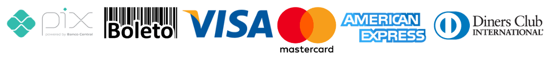 Formas de pagamento aceitas: Pix, Boleto, Visa, Mastercard, American Express e Diners Club